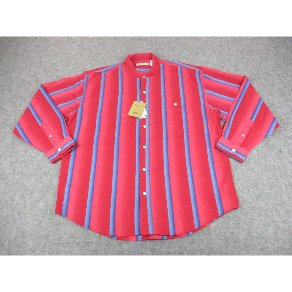 Bugle Boy Shirt Mens Extra Large Red Blue Striped Ramie Blend Band Collar Button